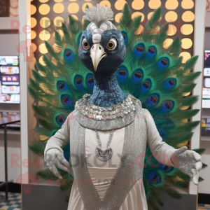 Silver Peacock mascot costume character dressed with a V-Neck Tee and Shawl pins