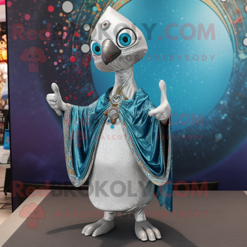 Silver Peacock mascot costume character dressed with a V-Neck Tee and Shawl pins