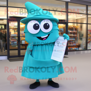 Teal Lasagna mascot costume character dressed with a Pencil Skirt and Reading glasses