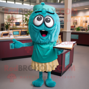 Teal Lasagna mascot costume character dressed with a Pencil Skirt and Reading glasses