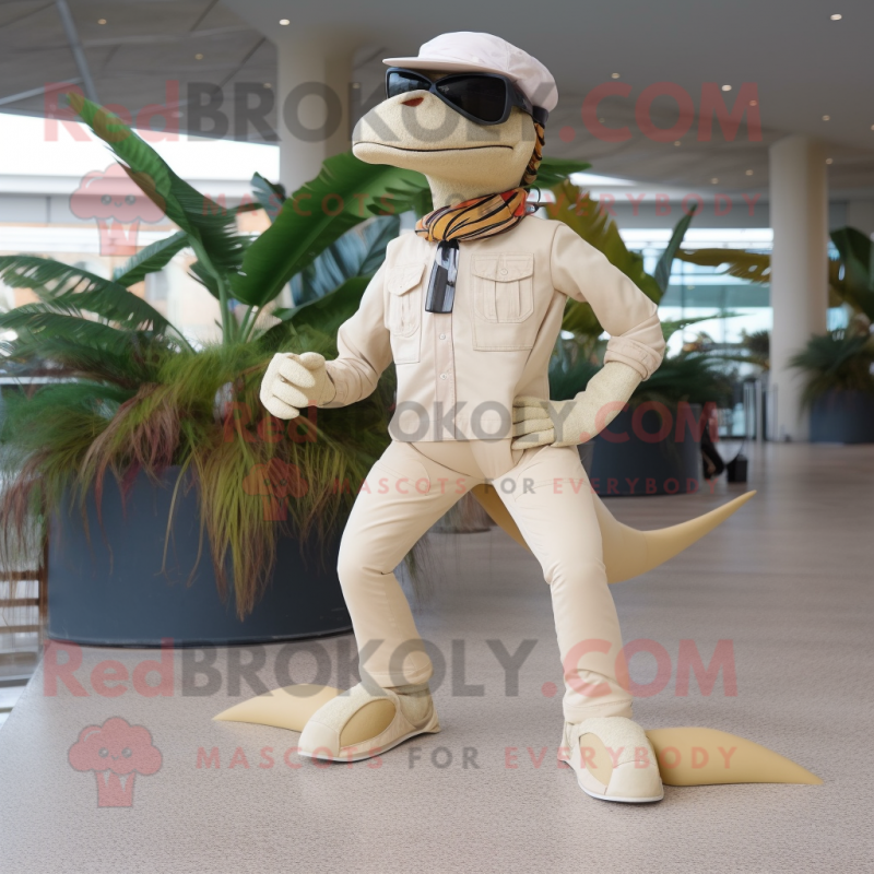 Beige Dimorphodon mascot costume character dressed with a Jeggings and Sunglasses