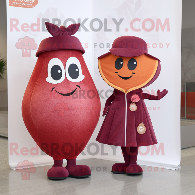 Maroon Grapefruit mascot costume character dressed with a Sheath Dress and Brooches