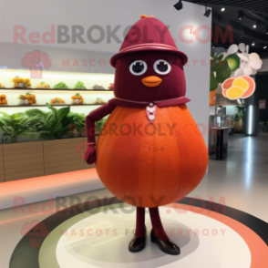 Maroon Grapefruit mascot costume character dressed with a Sheath Dress and Brooches