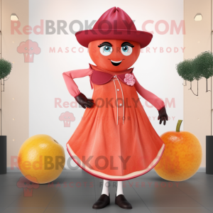 Maroon Grapefruit mascot costume character dressed with a Sheath Dress and Brooches