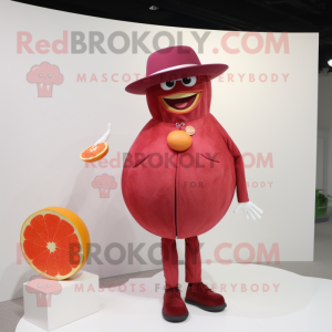 Maroon Grapefruit mascot costume character dressed with a Sheath Dress and Brooches