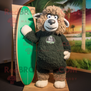Forest Green Merino Sheep mascot costume character dressed with a Board Shorts and Earrings