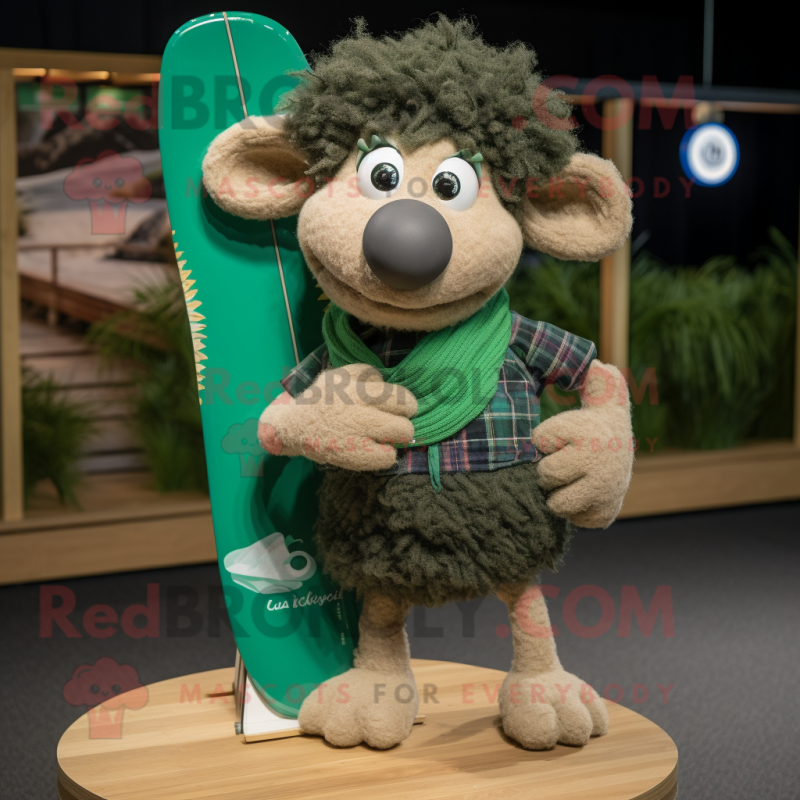 Forest Green Merino Sheep mascot costume character dressed with a Board Shorts and Earrings