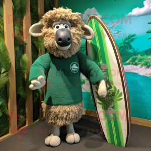 Forest Green Merino Sheep mascot costume character dressed with a Board Shorts and Earrings