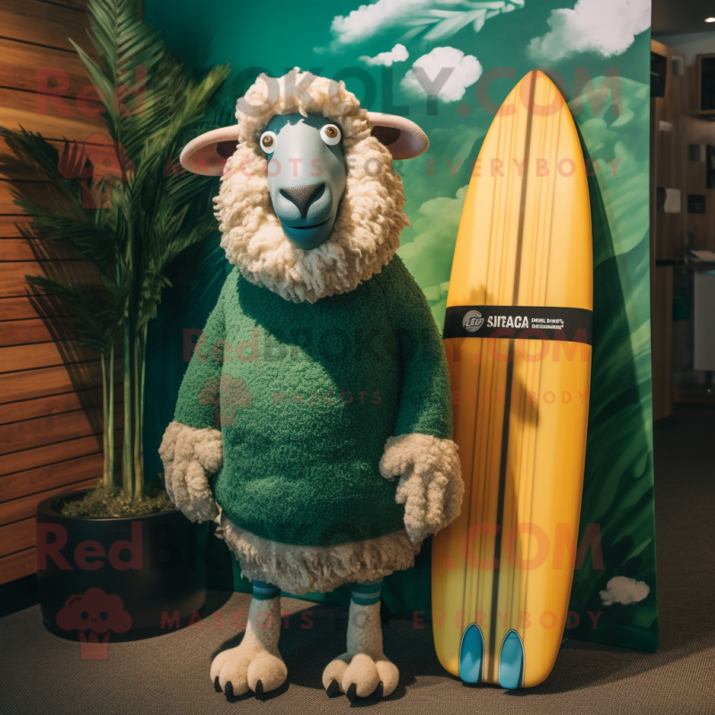 Forest Green Merino Sheep mascot costume character dressed with a Board Shorts and Earrings