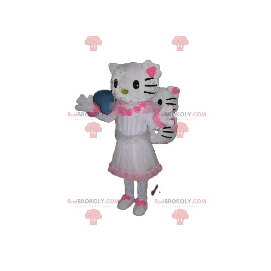 Mascota de Hello Kitty, con un bonito vestido blanco y rosa -