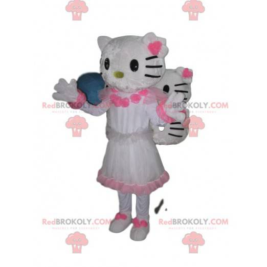 Mascotte Hello Kitty, met een mooie witte en roze jurk -