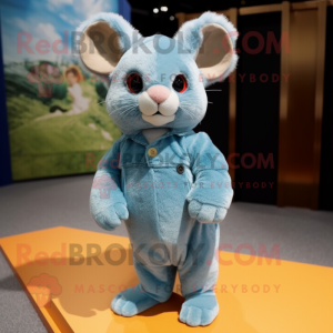 Sky Blue Chinchilla mascot costume character dressed with a Corduroy Pants and Foot pads