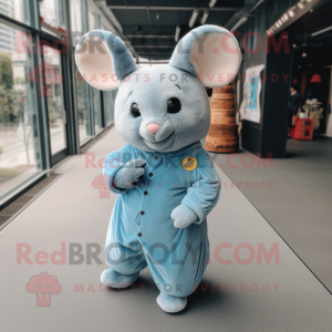 Sky Blue Chinchilla mascot costume character dressed with a Corduroy Pants and Foot pads