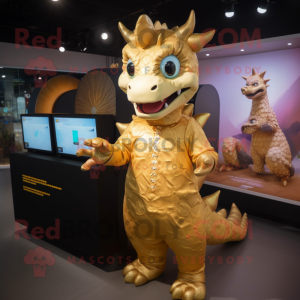 Gold Dragon mascot costume character dressed with a Romper and Beanies