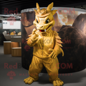 Gold Dragon mascot costume character dressed with a Romper and Beanies
