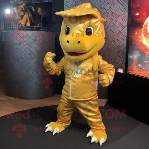 Gold Dragon mascot costume character dressed with a Romper and Beanies