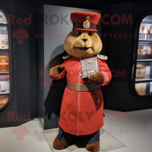 Brown British Royal Guard mascot costume character dressed with a Maxi Dress and Wallets