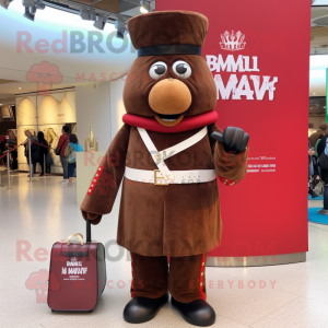 Brown British Royal Guard mascot costume character dressed with a Maxi Dress and Wallets