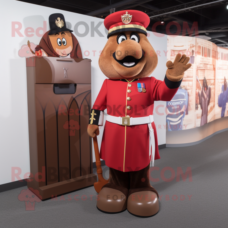 Brown British Royal Guard mascot costume character dressed with a Maxi Dress and Wallets