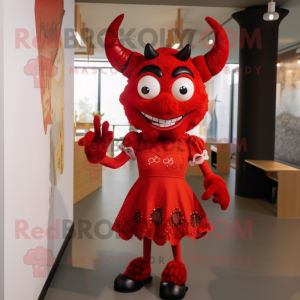 Red Devil mascot costume character dressed with a Pencil Skirt and Hairpins