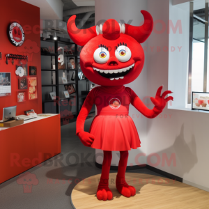 Red Devil mascot costume character dressed with a Pencil Skirt and Hairpins