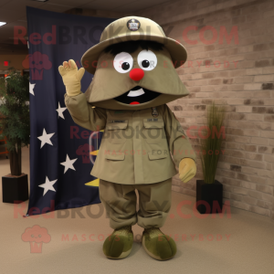 Olive American Soldier mascot costume character dressed with a Mini Skirt and Hats