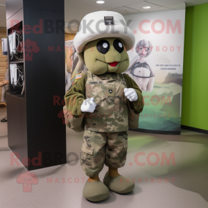 Olive American Soldier mascot costume character dressed with a Mini Skirt and Hats