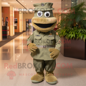 Olive American Soldier mascot costume character dressed with a Mini Skirt and Hats