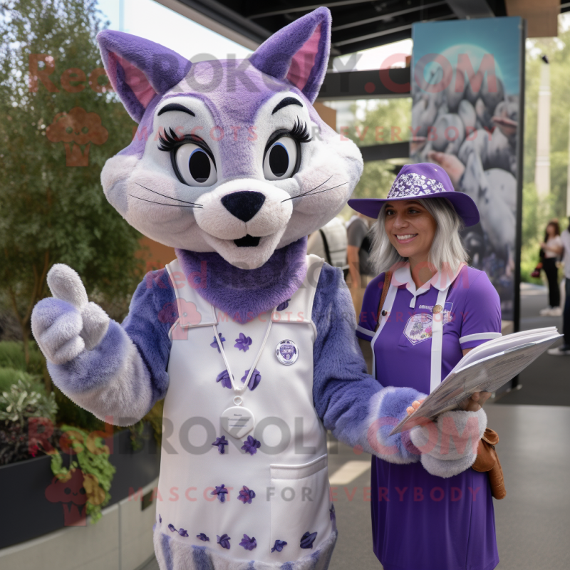 Lavender Bobcat mascot costume character dressed with a Mini Dress and Berets Lavender Bobcat mascot costume character dressed with a Mini Dress and Berets