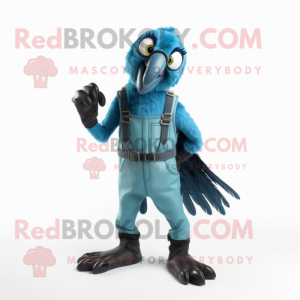 Cyan Vulture mascot costume character dressed with a Dungarees and Rings