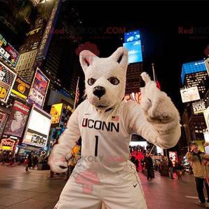 Witte wolfshond mascotte in sportkleding - Redbrokoly.com