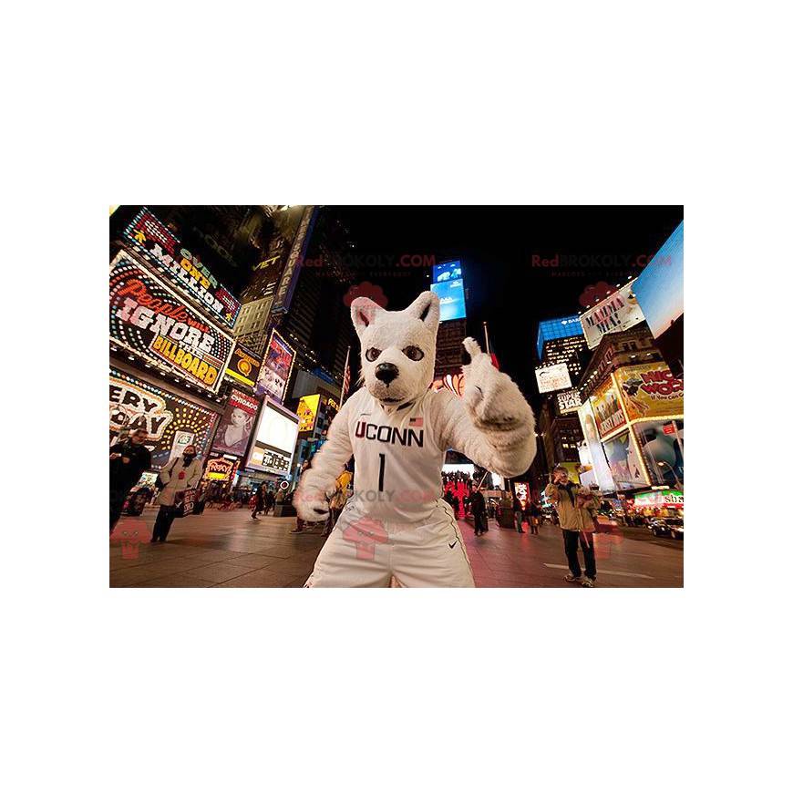 Mascotte de chien de loup blanc en tenue de sport -