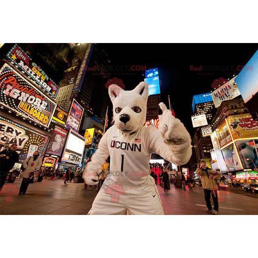 Witte wolfshond mascotte in sportkleding - Redbrokoly.com