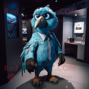 Cyan Vulture mascot costume character dressed with a Dungarees and Rings