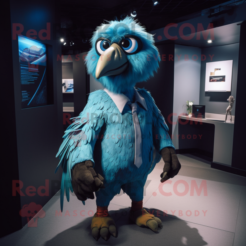 Cyan Vulture mascot costume character dressed with a Dungarees and Rings Cyan Vulture mascot costume character dressed with a Dungarees and Rings