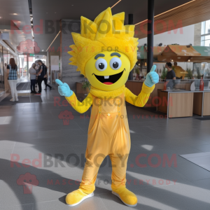 Yellow Falafel mascot costume character dressed with a Flare Jeans and Headbands