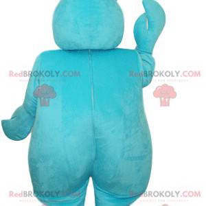 Mascotte de bonhomme turquoise souriant, avec des grosses