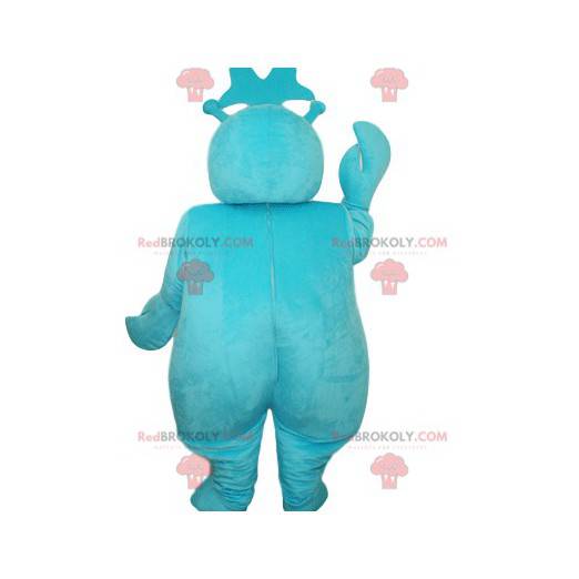 Mascotte de bonhomme turquoise souriant, avec des grosses