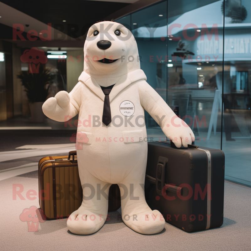 Cream Seal mascot costume character dressed with a Suit Pants and Briefcases