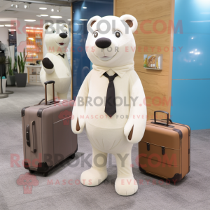 Cream Seal mascot costume character dressed with a Suit Pants and Briefcases