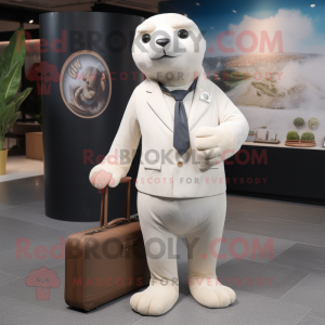 Cream Seal mascot costume character dressed with a Suit Pants and Briefcases