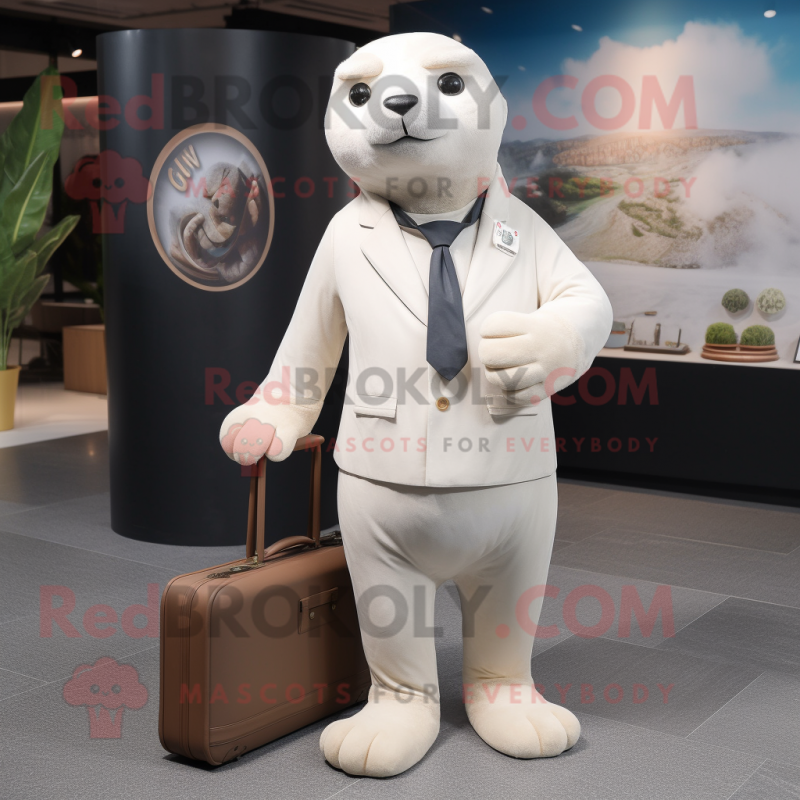 Cream Seal mascot costume character dressed with a Suit Pants and Briefcases