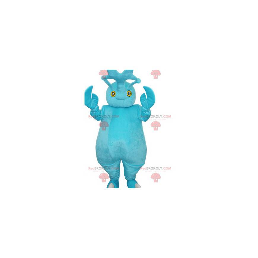 Mascotte de bonhomme turquoise souriant, avec des grosses Mascotte de bonhomme turquoise souriant, avec des grosses