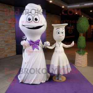 Lavender Hourglass mascot costume character dressed with a Wedding Dress and Belts