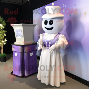 Lavender Hourglass mascot costume character dressed with a Wedding Dress and Belts