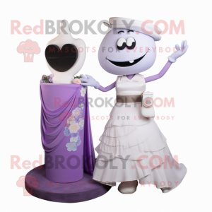 Lavender Hourglass mascot costume character dressed with a Wedding Dress and Belts
