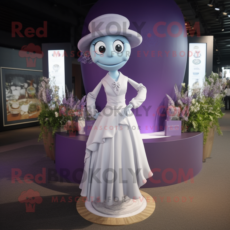 Lavender Hourglass mascot costume character dressed with a Wedding Dress and Belts