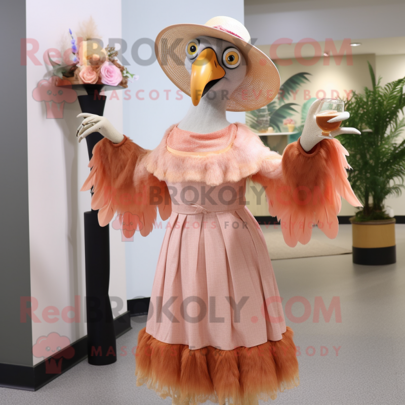 Peach Vulture mascot costume character dressed with a Cocktail Dress and Hats Peach Vulture mascot costume character dressed with a Cocktail Dress and Hats