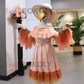 Peach Vulture mascot costume character dressed with a Cocktail Dress and Hats
