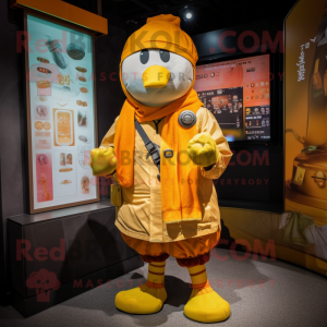 Yellow Mandarin mascot costume character dressed with a Cargo Shorts and Scarf clips